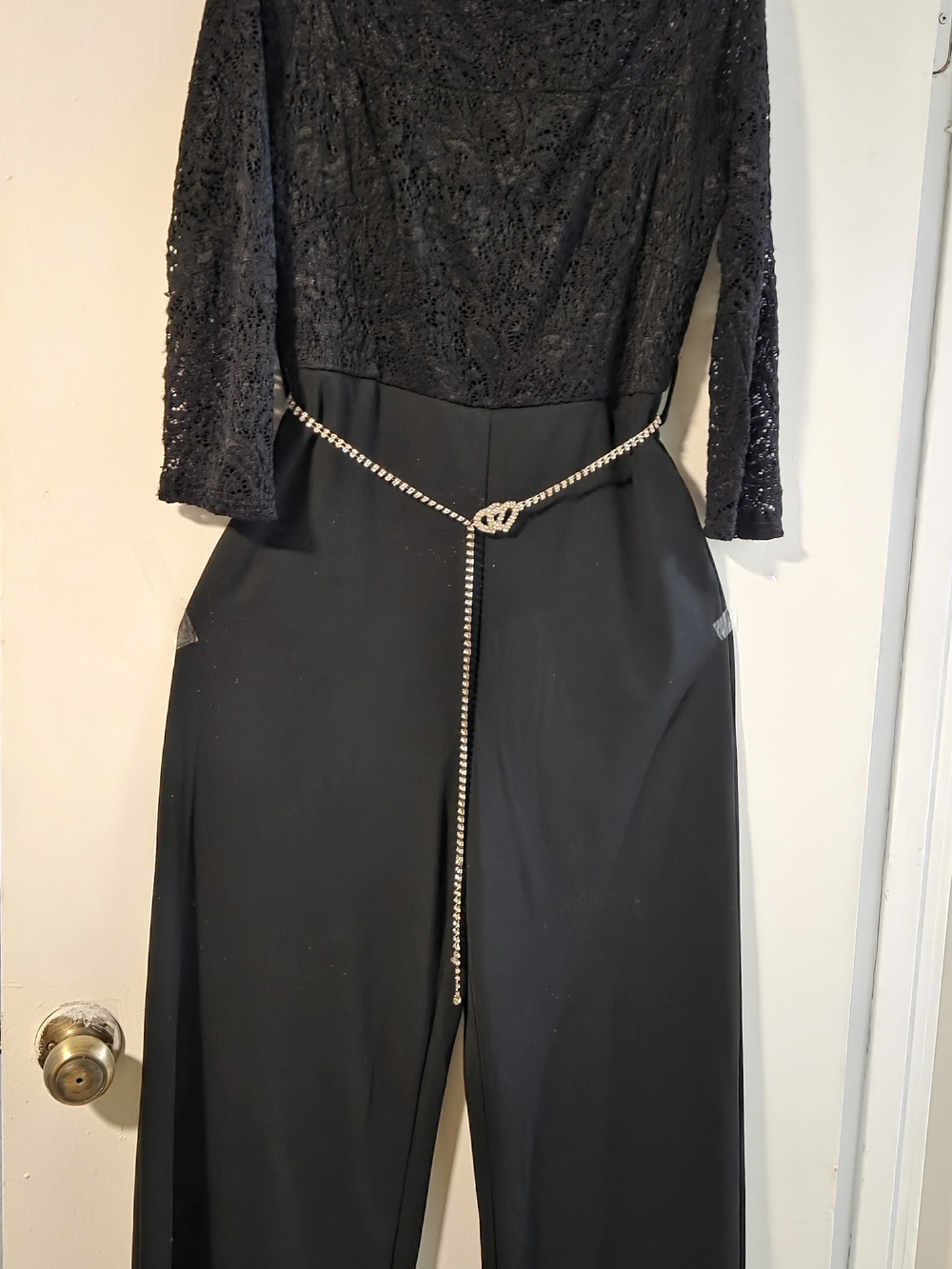Elegant Black Lace Jumpsuit with Rhinestone Belt